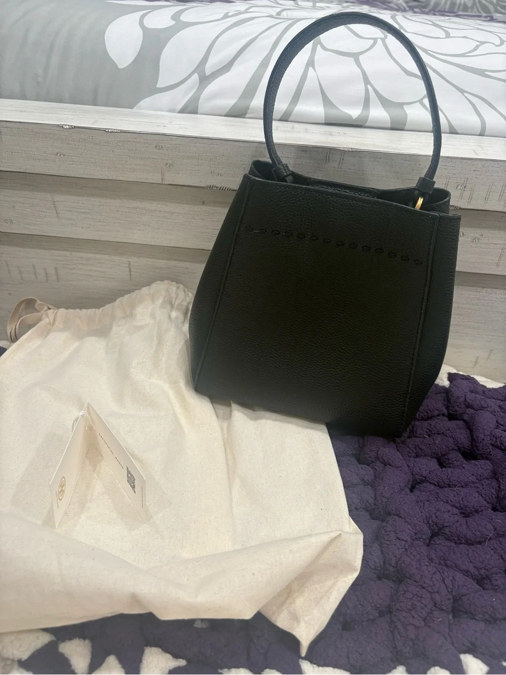 Tory Burch McGraw Black Pebble Leather Bucket Bag